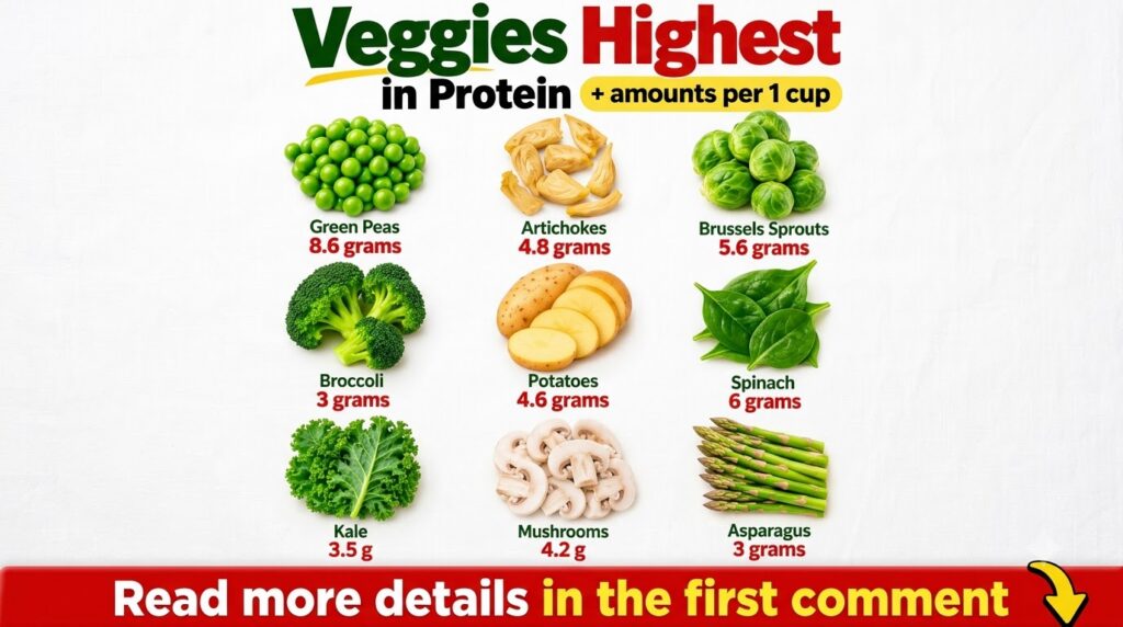 An infographic showing nine different vegetables with their names and protein content per 1 cup serving arranged in a cl