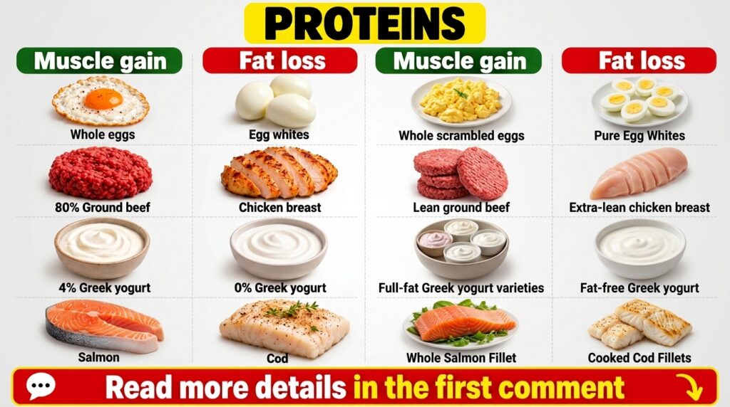 An infographic comparing various protein sources for Muscle gain versus Fat loss featuring whole eggs ground beef Greek 