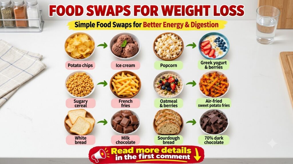 An infographic titled FOOD SWAPS FOR WEIGHT LOSS showing six pairs of less healthy food options and their healthier alte
