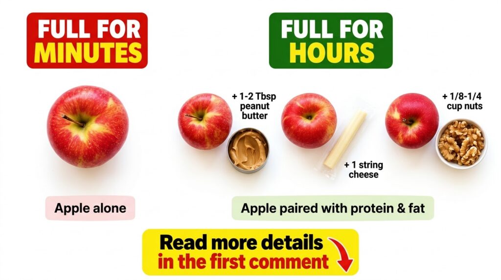 A visual comparison showing a single apple labeled FULL FOR MINUTES on the left and three apples paired with peanut butt