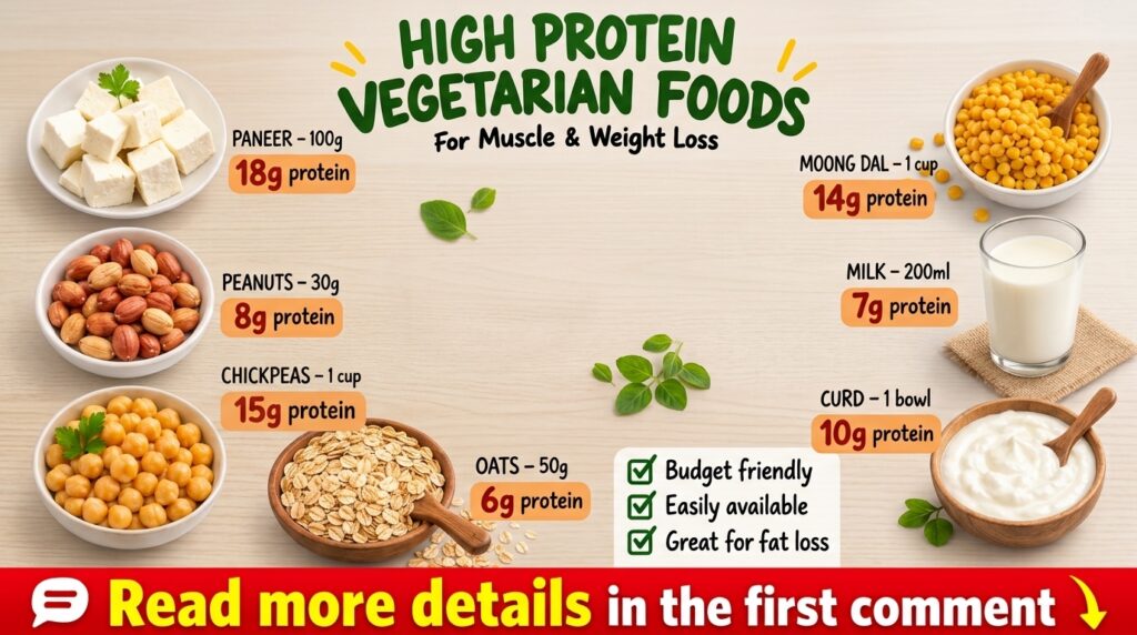 A clean bright infographic showcasing seven high-protein vegetarian foods paneer moong dal peanuts milk chickpeas curd a