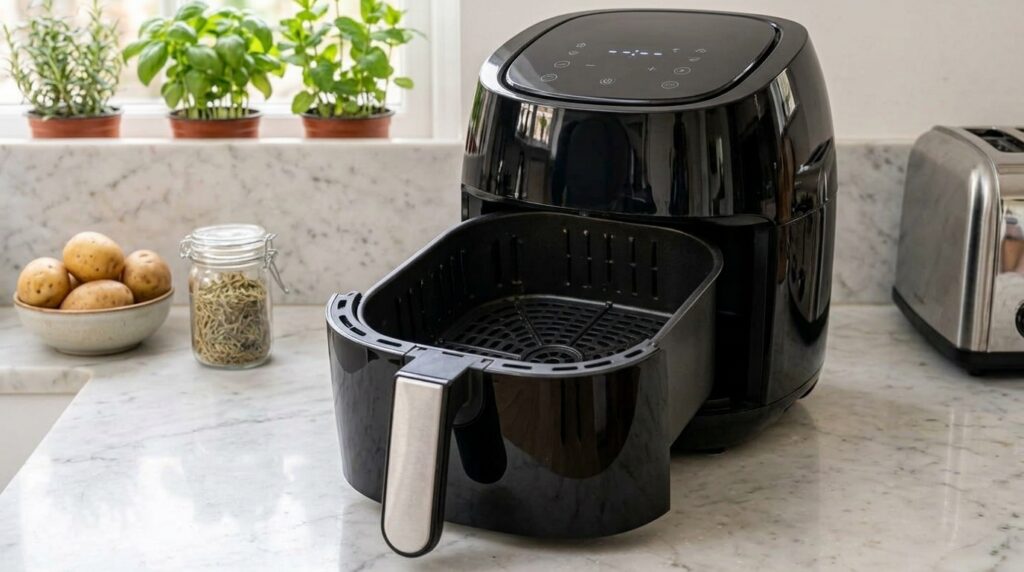 A basket of an air fryer filled with several perfectly cooked hard-boiled eggs some with cracks ready to be peeled