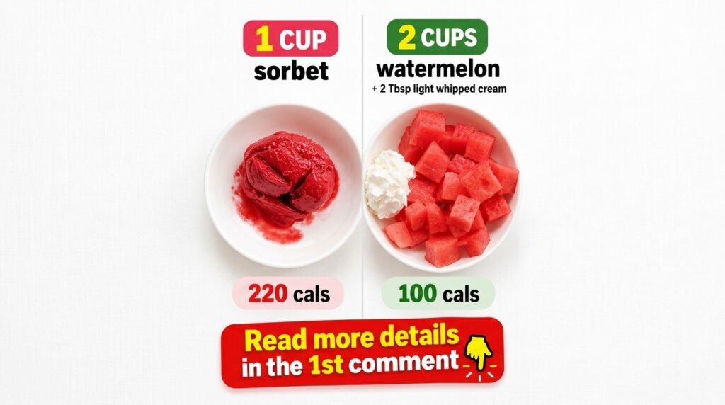 A side-by-side comparison of a scoop of red sorbet in a white bowl on the left and diced watermelon with a dollop of whi