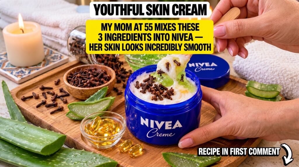 A close-up slightly overhead view of Nivea Creme being mixed with aloe vera gel and clove buds on a wooden board Small b