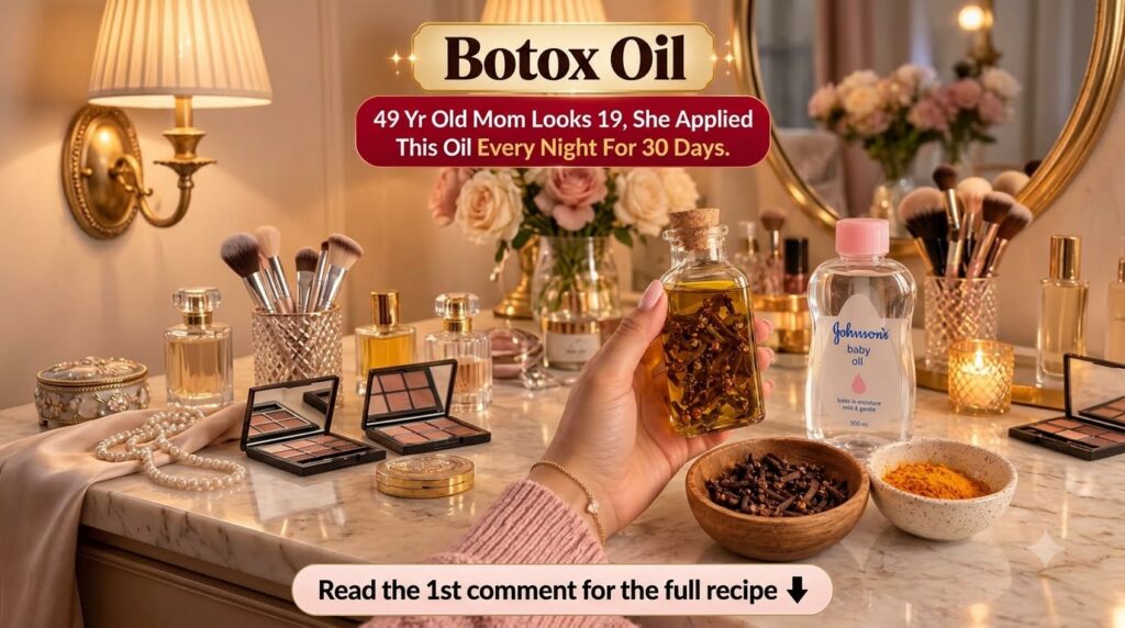 A hand holding a glass bottle with oil and cloves surrounded by Johnson s baby oil loose cloves and a small bowl of turm