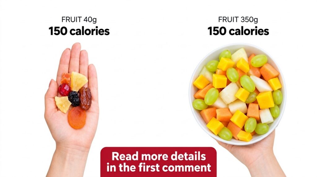 A visual comparison of 150 calories of dried fruit small portion in hand versus 150 calories of fresh fruit large bowl o