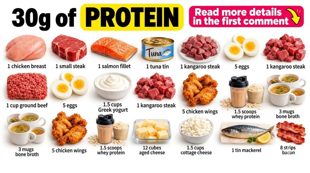A grid showcasing 18 different food items each representing approximately 30g of protein Includes raw meats fish dairy e