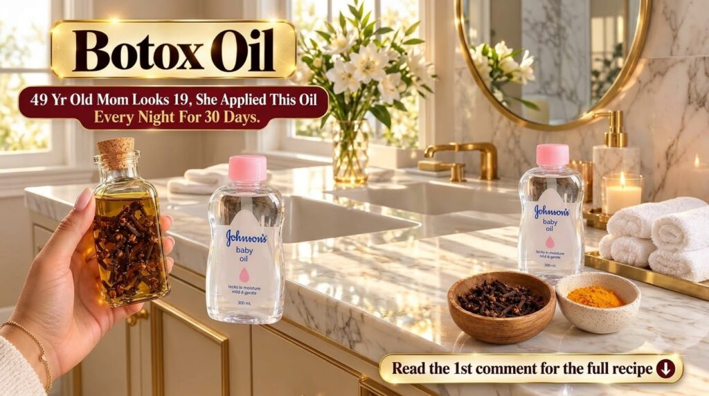 A hand holding a small glass bottle of clove-infused oil next to a larger bottle of Johnson s baby oil a wooden bowl of 