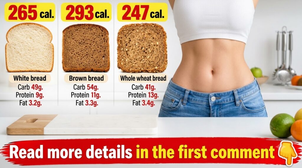 A diptych image showing three slices of bread white brown whole wheat with their nutritional information calories carbs 