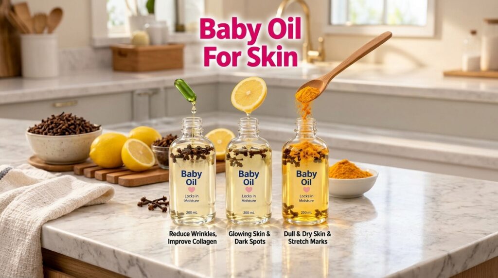 Three baby oil bottles on a marble counter with ingredients like a green capsule lemon slice and turmeric powder being a