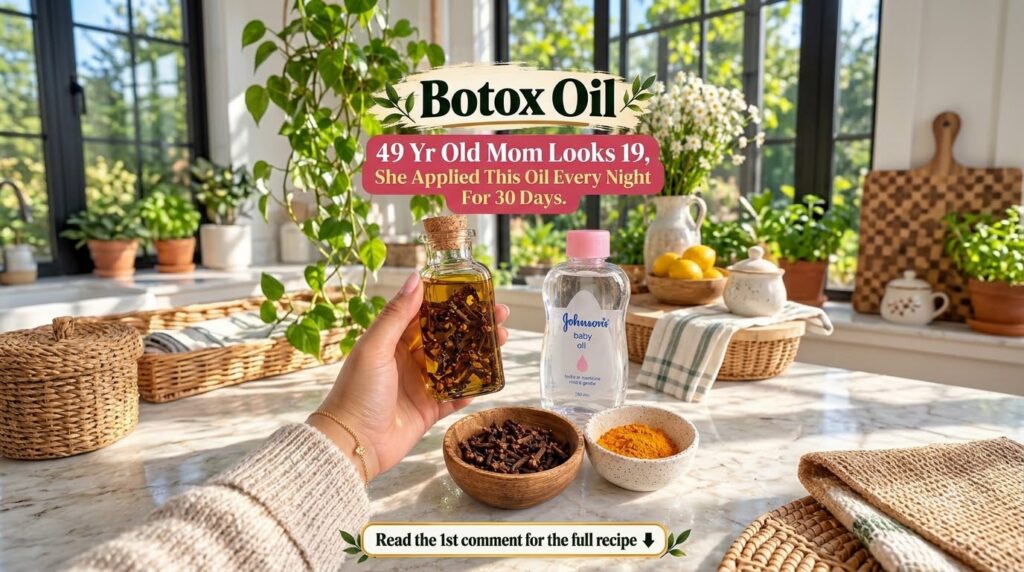 A hand holding a small bottle of clove-infused oil on a marble counter with Johnson s baby oil a bowl of cloves and a bo