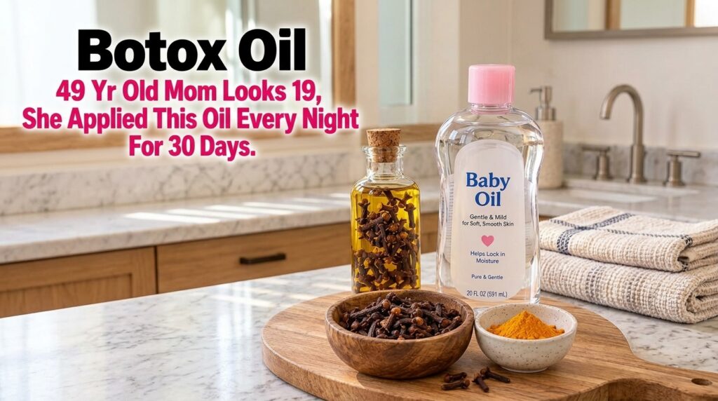 Ingredients for a homemade anti-aging oil a clear bottle of clove-infused oil a bottle of baby oil a wooden bowl of drie