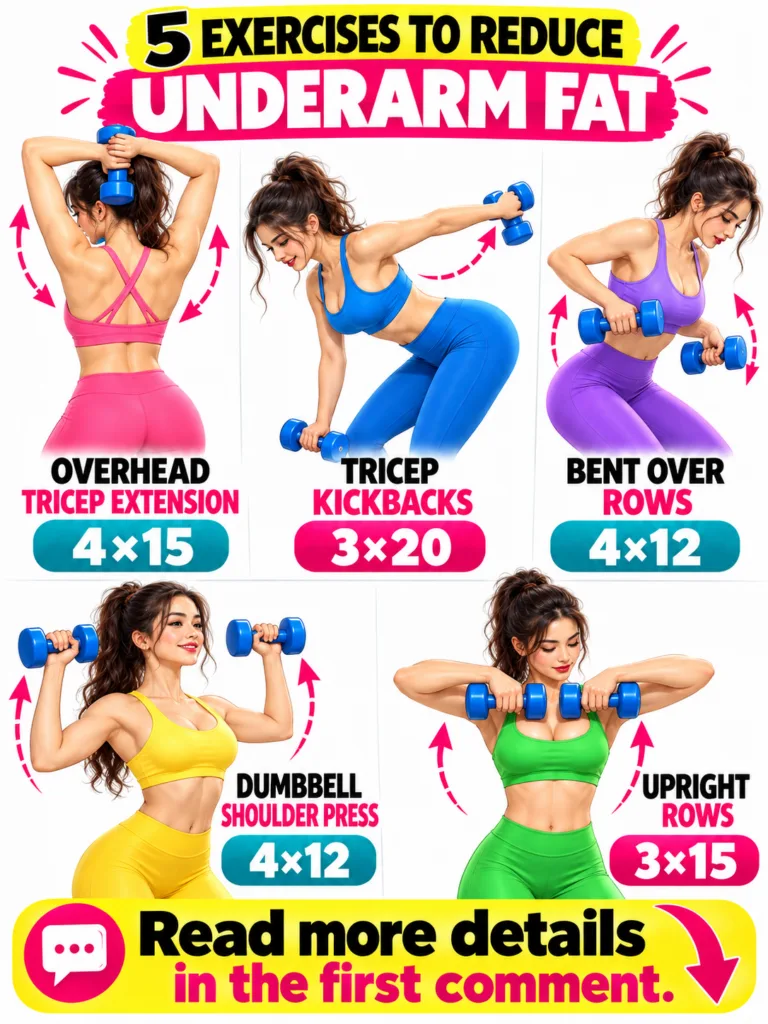 An infographic showing a stylized woman demonstrating five different dumbbell exercises targeting the triceps shoulders 