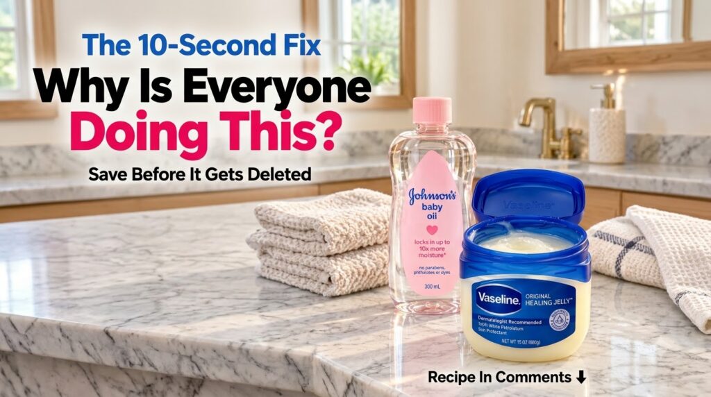 A bottle of Johnson s baby oil and an open tub of Vaseline Original Healing Jelly on a gleaming marble countertop in a b