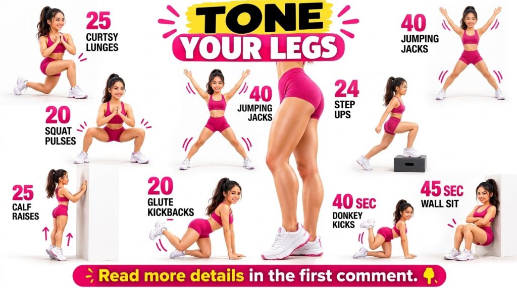 A comprehensive leg workout guide with a central female figure demonstrating toned legs and surrounding panels illustrat