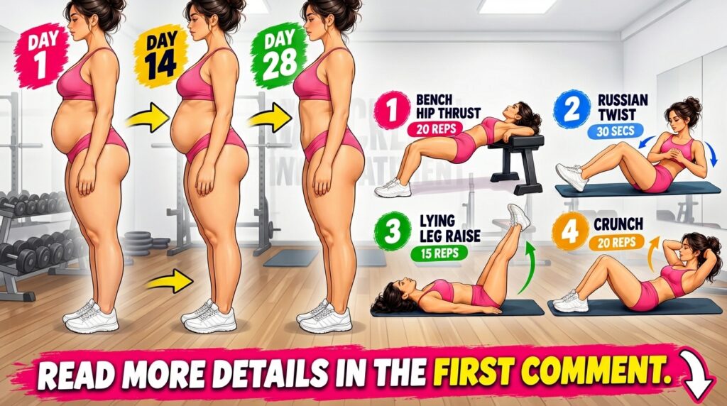 An infographic showcasing a woman s 28-day body transformation before Day 14 Day 28 and illustrations of four exercises 