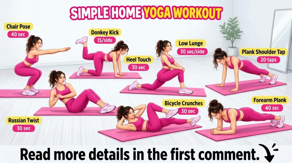 An illustrative grid showing women performing various yoga poses on pink mats