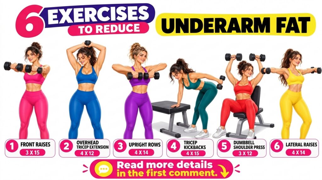 An infographic showing six women demonstrating different dumbbell exercises in a grid layout focusing on arm and upper b