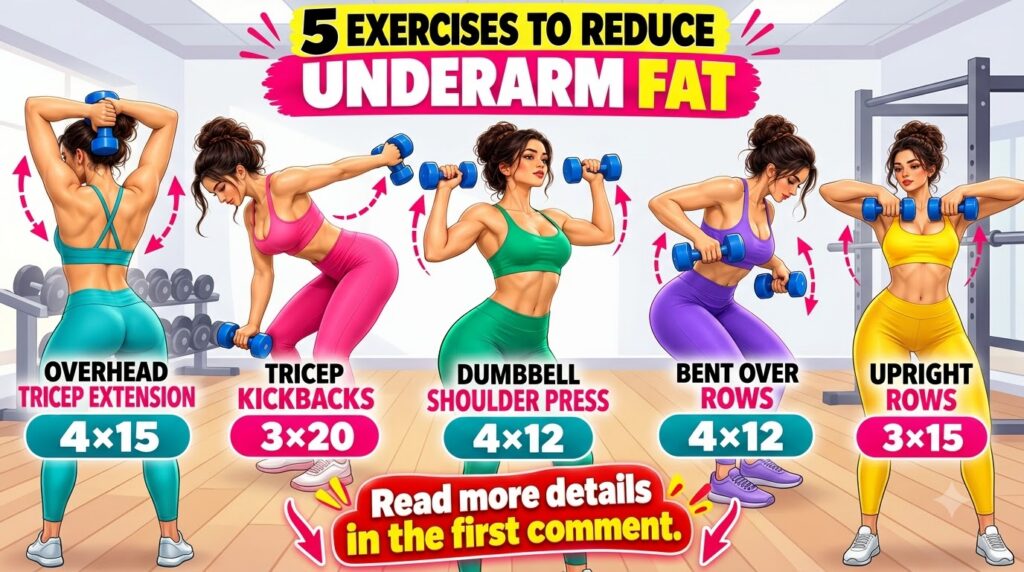 An infographic showing five different dumbbell exercises for arm sculpting with a woman demonstrating each one and label