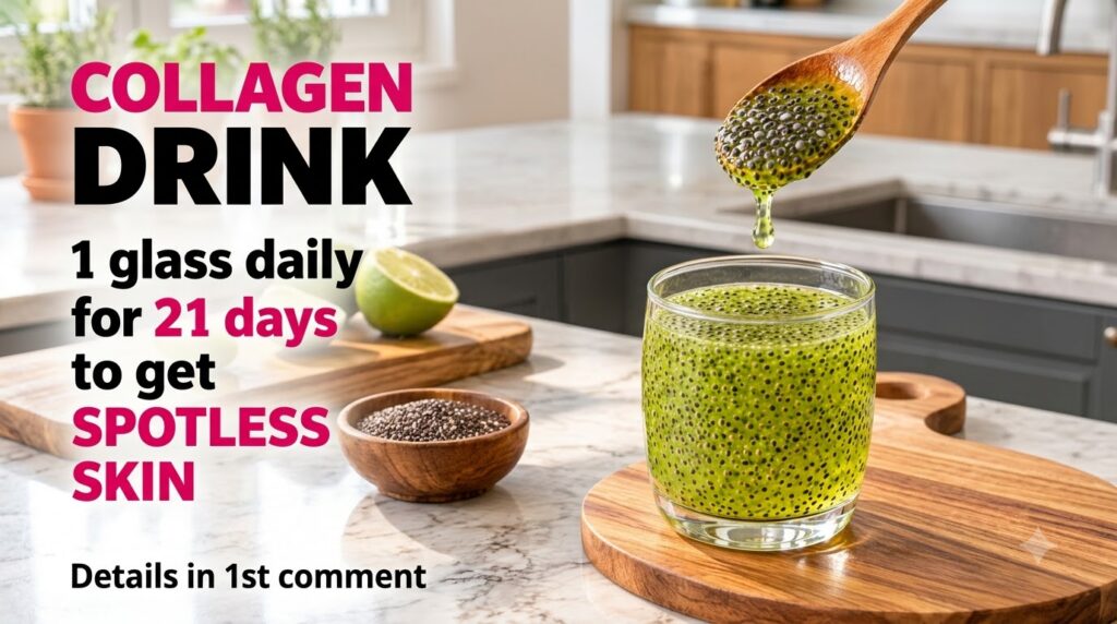 A vibrant green chia seed collagen drink in a clear glass on a wooden coaster with a wooden spoon holding more chia seed
