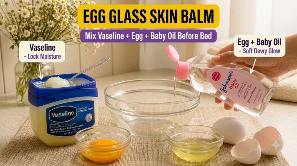 A hand scooping Vaseline with a spoon into a glass bowl next to another hand pouring baby oil into the same bowl An egg 