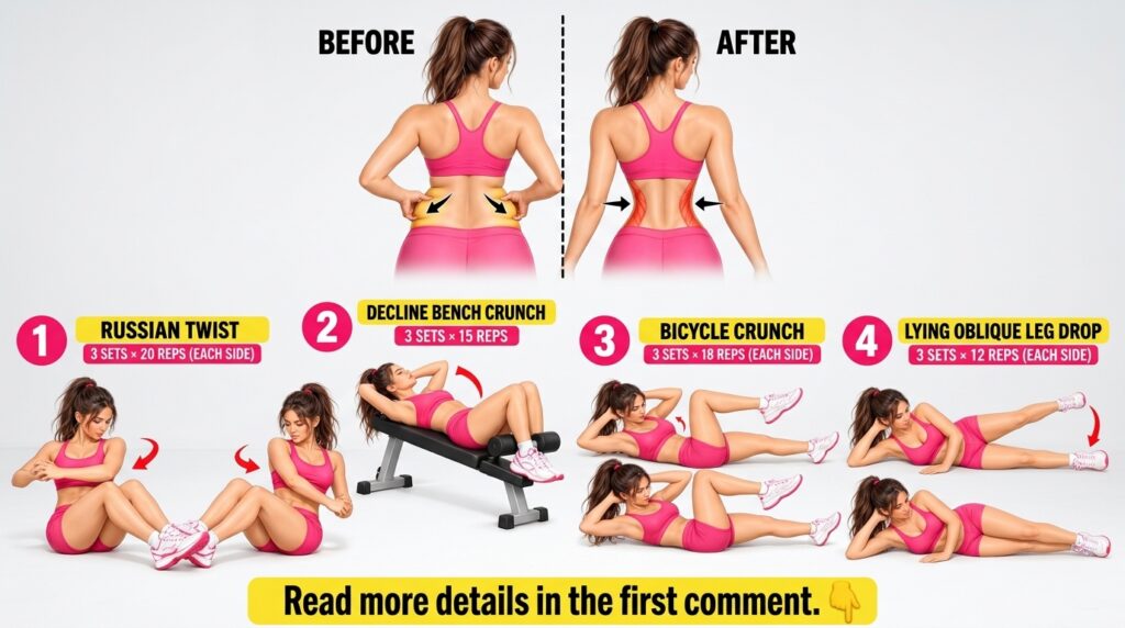 A fitness infographic showing a BEFORE AFTER body transformation and demonstrations of four core exercises Russian Twist