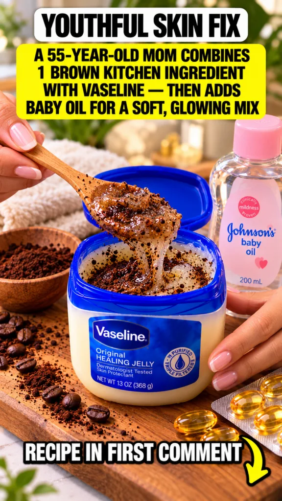 Hands mixing a DIY coffee scrub in a bowl with Vaseline baby oil and vitamin E capsules on a wooden surface