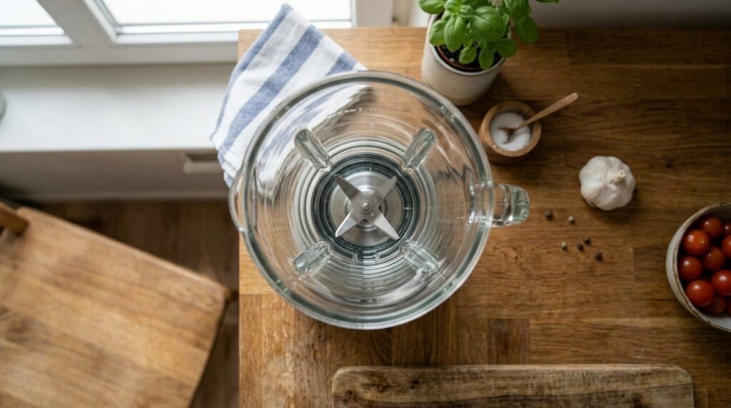 An empty clean blender pitcher on a warm wooden countertop surrounded by a striped blue and white kitchen towel a potted
