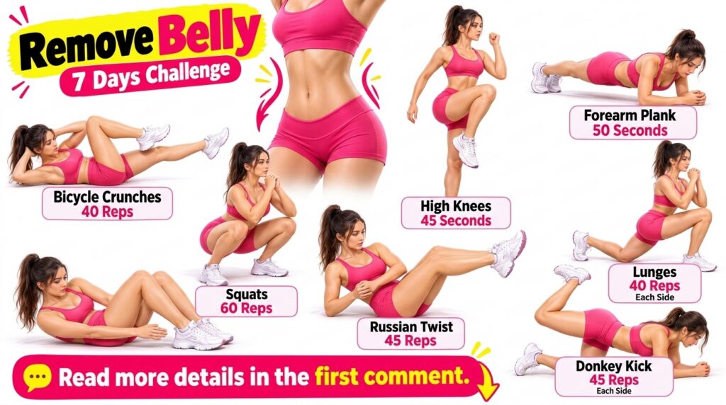 An infographic showing a fit woman demonstrating eight different core exercises with exercise names and repetition count