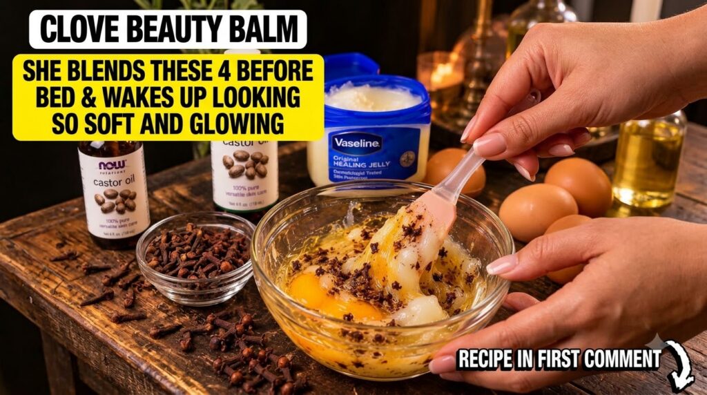 A close-up of ingredients being mixed in a glass bowl with bottles of castor oil a tub of Vaseline and whole cloves surr