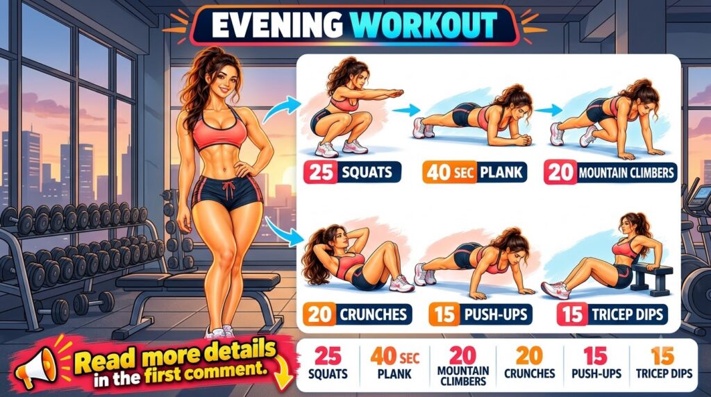 A vibrant workout infographic featuring a central fit woman smiling surrounded by six smaller illustrations of her perfo