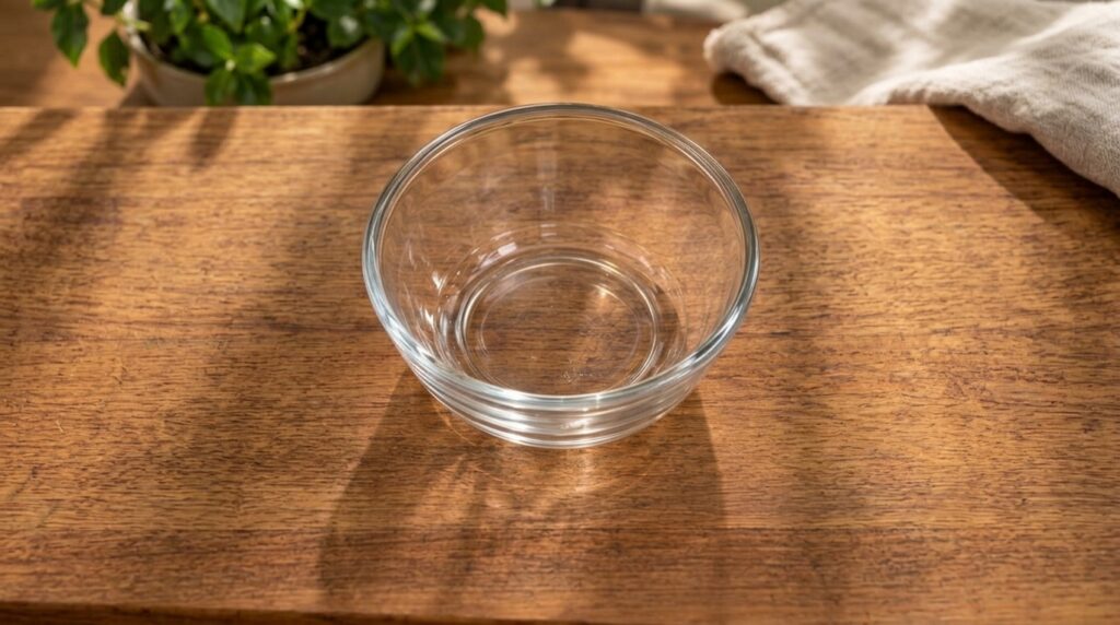 Ingredients for homemade wood varnish olive oil and white vinegar in separate measuring cups next to a mixing bowl with 