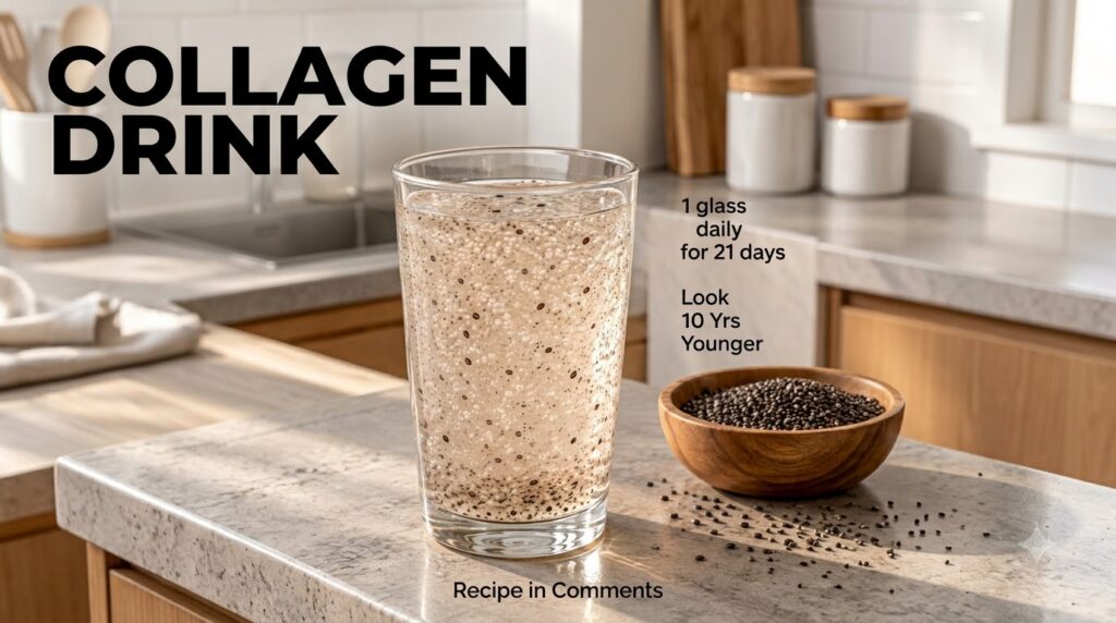 A clear glass of Collagen Drink filled with white beads and black chia seeds on a modern kitchen countertop A small wood