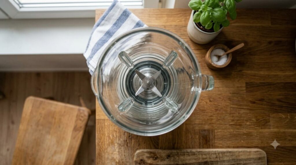 A top-down view of a clean empty glass blender jar on a warm wooden countertop surrounded by a blue and white striped to