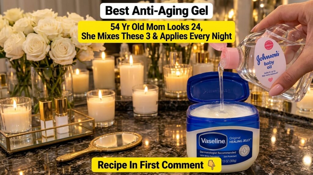 A close-up top-down view of baby oil being poured from its bottle into a tub of Vaseline Original Healing Jelly