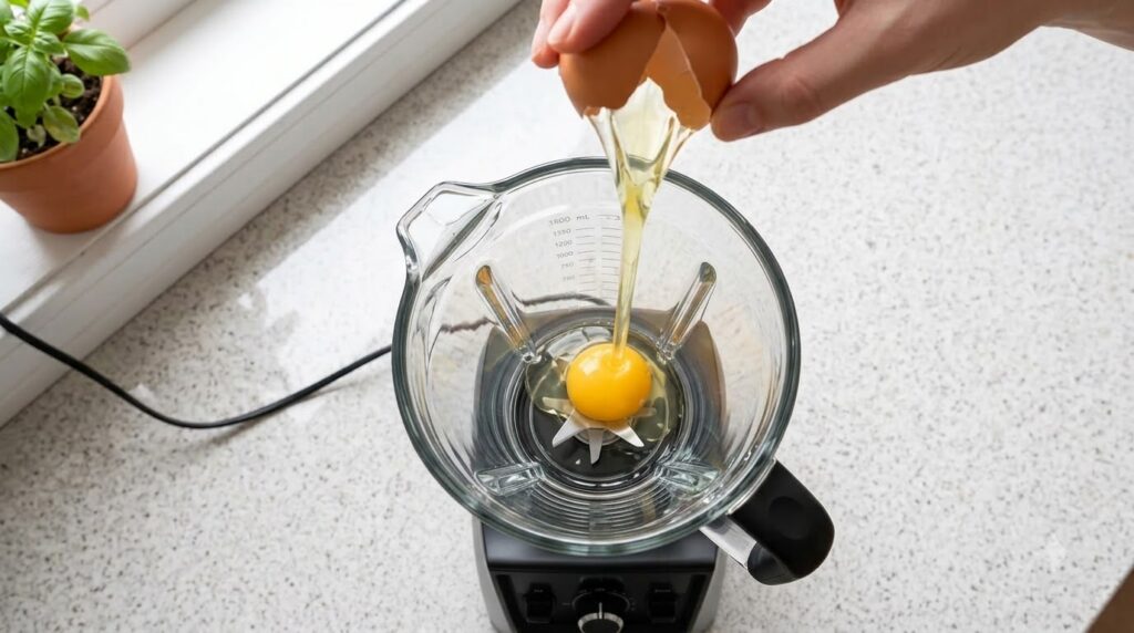 A hand carefully pouring creamy plant-based milk into a clear glass blender jar Inside the jar vibrant green spinach lea