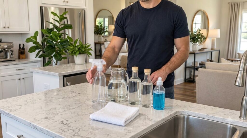 Homemade streak-free cleaning solution in a spray bottle with measuring cups and ingredients like vinegar rubbing alcoho