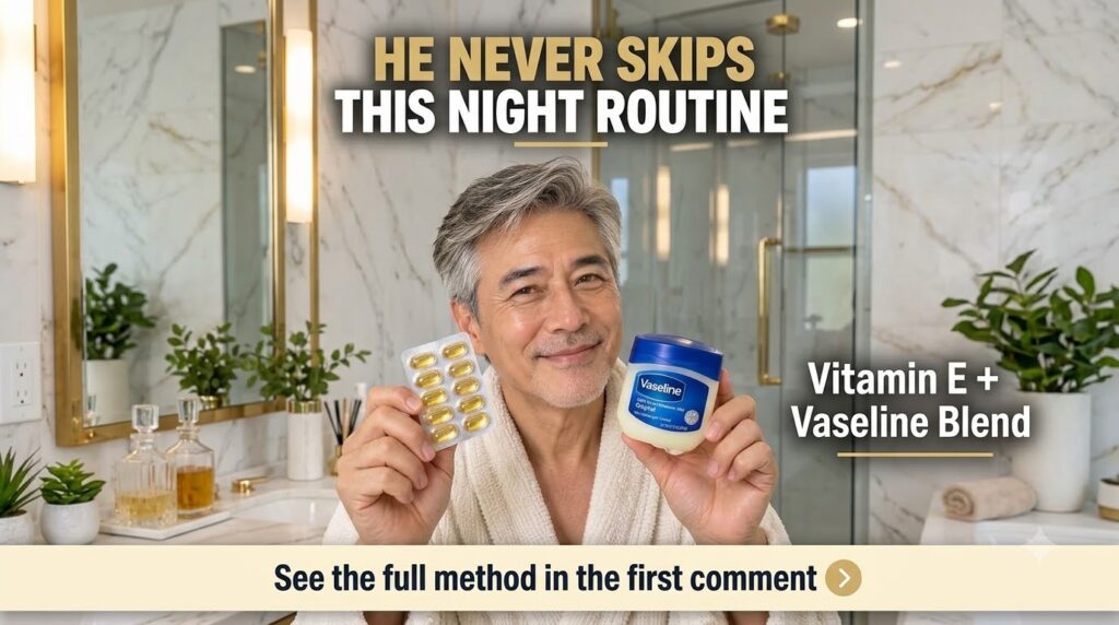 A smiling middle-aged man in a white bathrobe holding up a blister pack of vitamin E capsules and a tub of Vaseline sugg