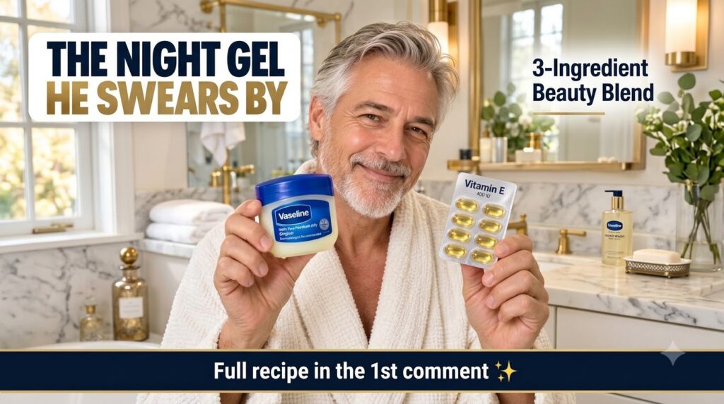 A smiling middle-aged man with gray hair and beard in a white bathrobe holding a jar of Vaseline and a blister pack of V