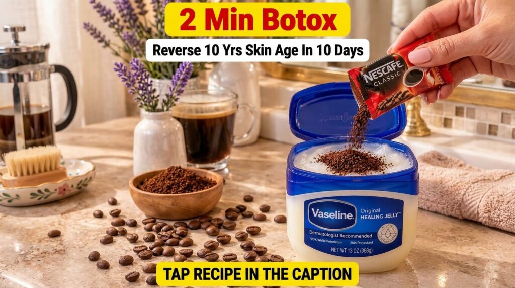 A hand pouring instant coffee granules from a Nescafe sachet into an open tub of Vaseline Original Healing Jelly with sc