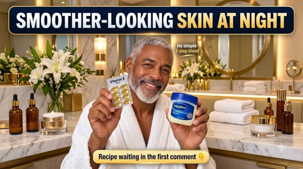 A smiling well-groomed man with grey hair and beard wearing a white bathrobe in a modern bathroom He holds a blister pac