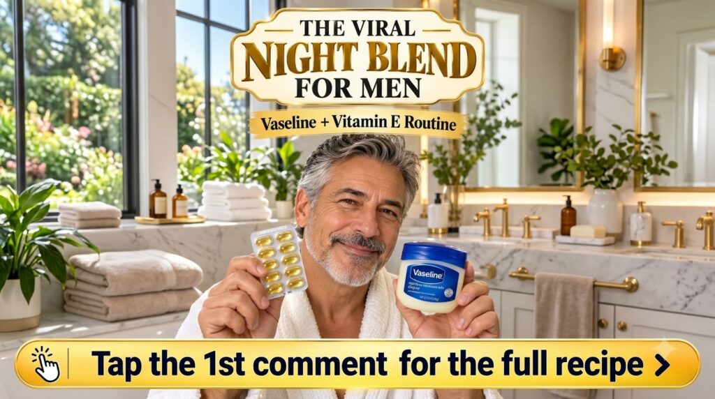 A smiling middle-aged man in a white bathrobe holding a blister pack of yellow vitamin E capsules and a jar of Vaseline 