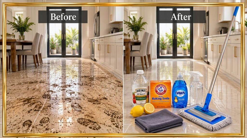 Before and after comparison of a dirty tile floor next to a sparkling clean reflective tile floor with natural cleaning 