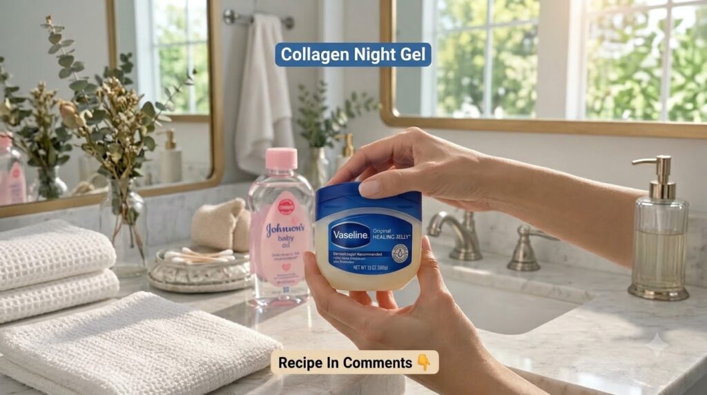 Hands holding a jar of Vaseline Original Healing Jelly with a bottle of Johnson s baby oil in the soft background
