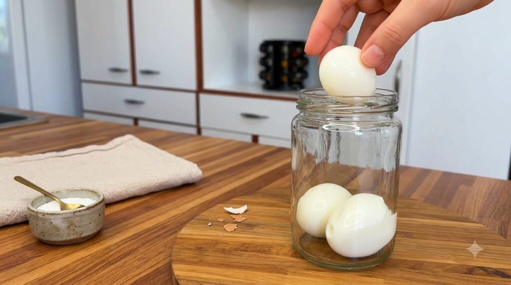 A hand gently placing a piece of food into a clear glass jar with other prepared food items set on a wooden surface