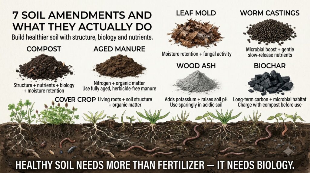 An infographic illustrating 7 types of soil amendments and their benefits for a healthy garden It includes small illustr