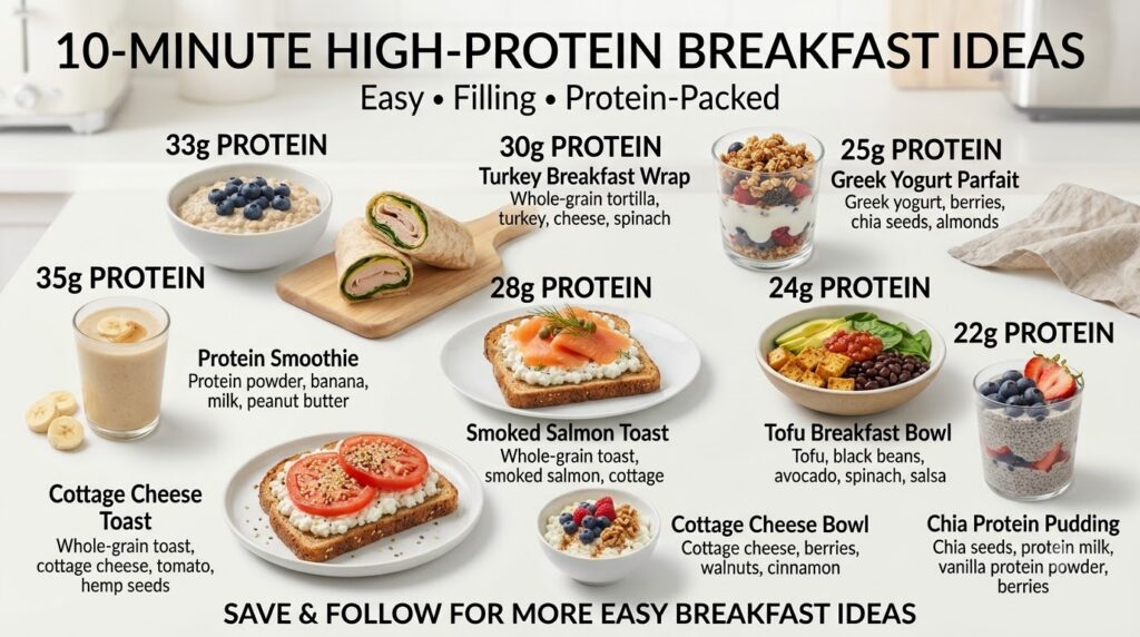 An infographic showing nine different high-protein breakfast ideas each with a photo protein content title and key ingre