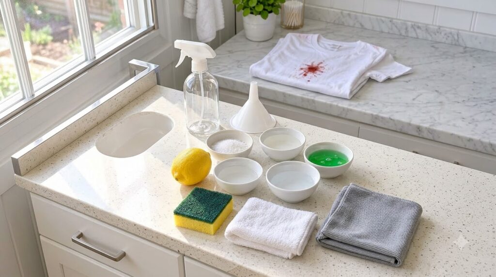A small bowl of white paste made from baking soda and dish soap with a scrubbing brush next to it on a bathroom counter 
