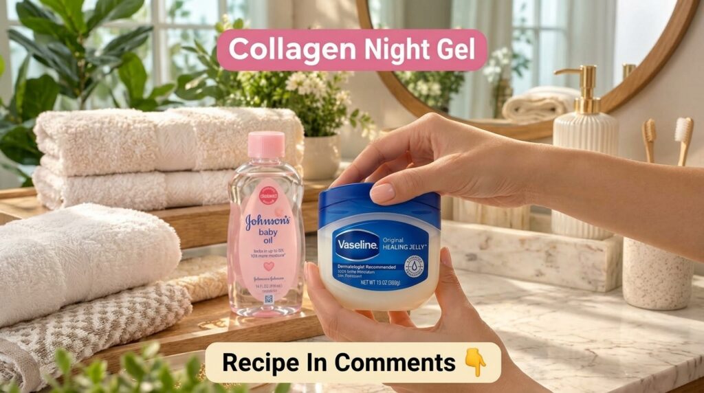 Hands gently holding a jar of Vaseline Original Healing Jelly with a bottle of Johnson s Baby Oil plush towels and potte