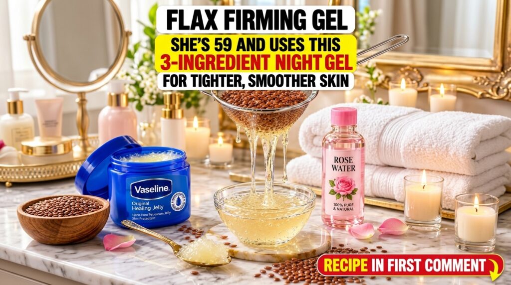 Still life arrangement showing the preparation of flax firming gel with a sieve pouring gel into a bowl surrounded by fl